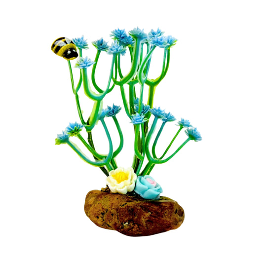 Pebble Island - Green Plant with Blue Flowers with Bee, Yellow Flower - for Jumping Spiders