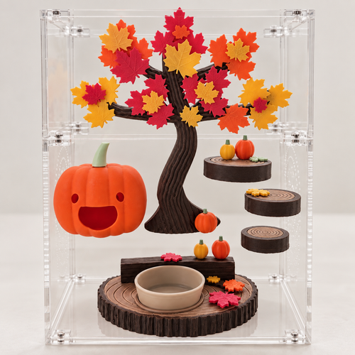 A clear acrylic display case containing an autumn-themed miniature scene with a large orange pumpkin, a paper-style tree of leaves in red, orange, yellow, and brown, small pumpkins, log platforms, and a beige bowl.